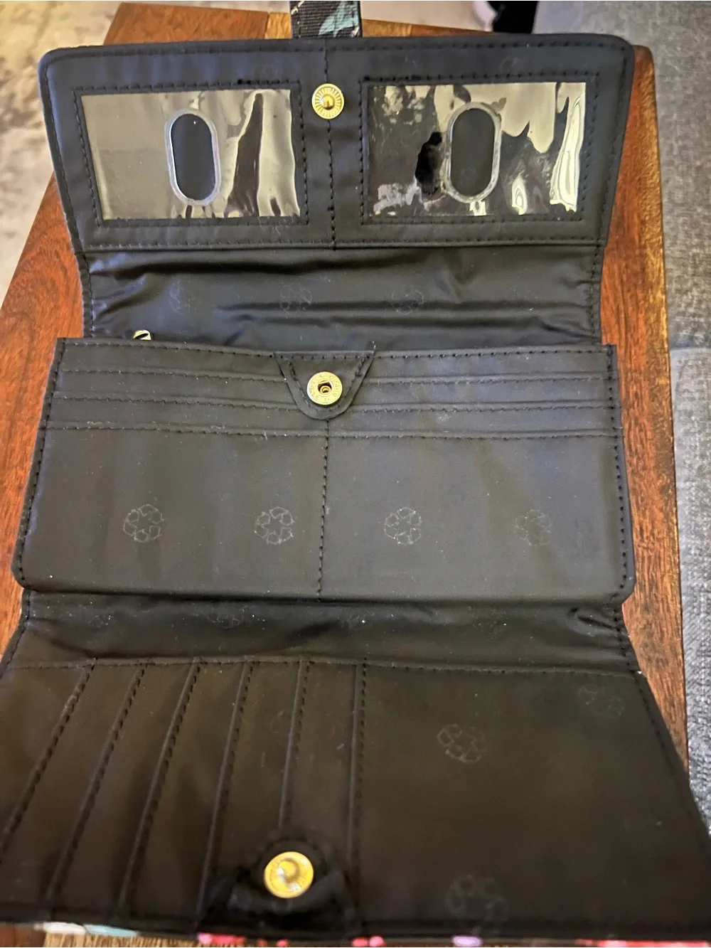 Floral Black Leather-Textured Clutch Wallet with Gold Ring Accent